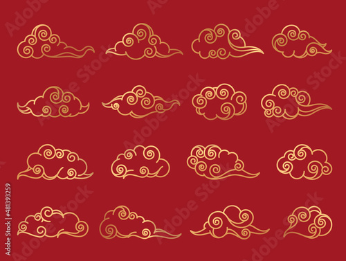 Decorative chinese clouds, vector golden icons set
