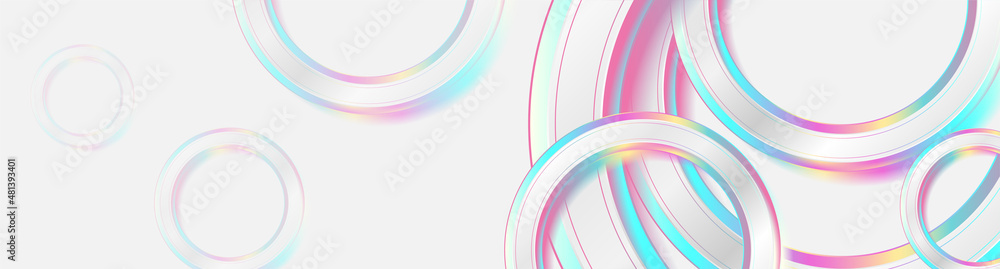 Holographic circles geometric abstract tech background. Vector art colorful banner design Holographic circles geometric abstract tech background. Vector art colorful banner design