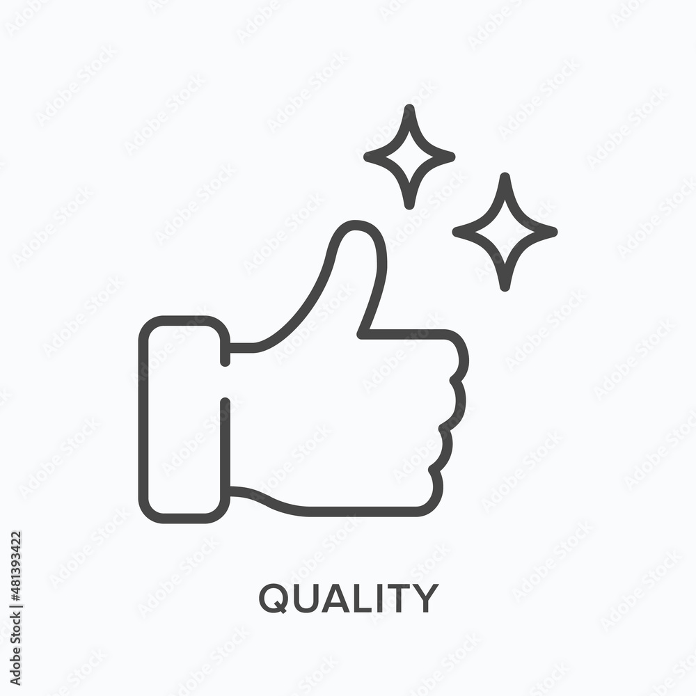 Quality flat line icon. Vector outline illustration of thumb up. Black thin linear pictogram for approve gesture - obrazy, fototapety, plakaty 