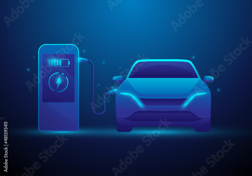 electric car charging station. vehicle charging by mobile phone. isolated on blue dark background. ev car concept. vector illustration technology. front view.