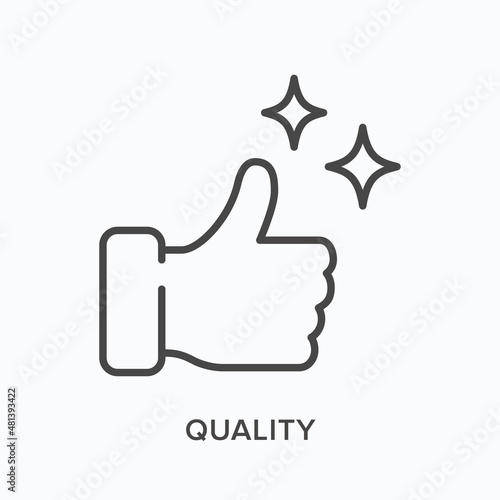 Quality flat line icon. Vector outline illustration of thumb up. Black thin linear pictogram for approve gesture