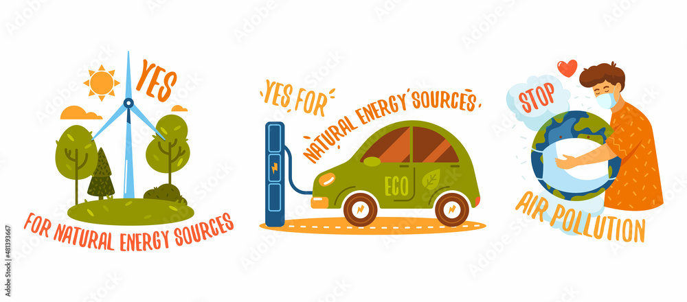 Vector icons of using natural energy sources, set