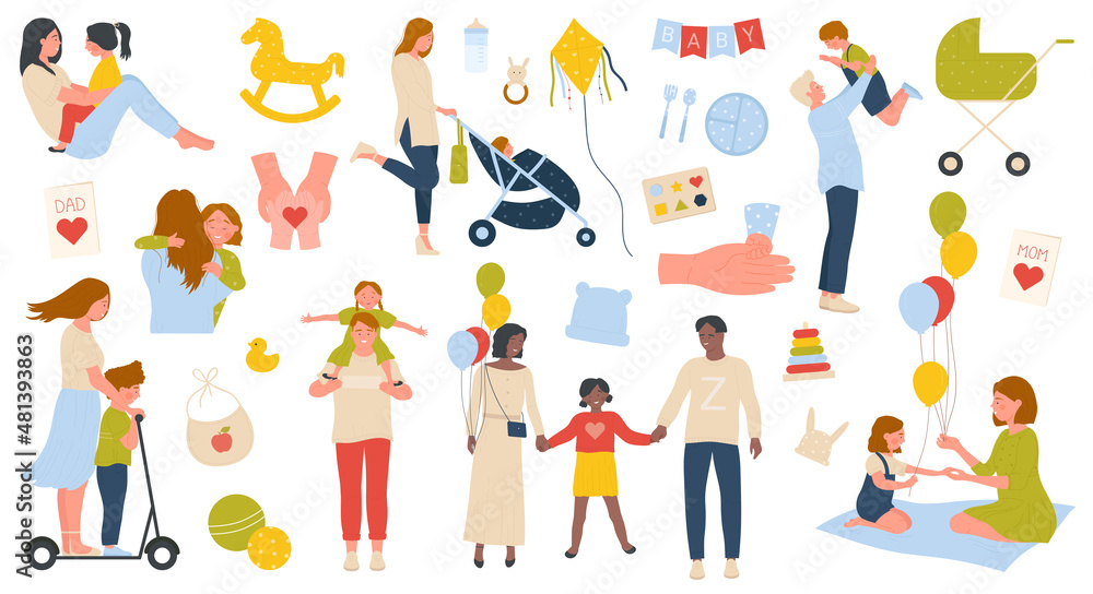 Parents and kids spend fun time together set vector illustration. Cartoon mother and boy ride scooter, father hugging child, mom walking with baby in stroller isolated on white. Happy family concept Parents and kids spend fun time together set vector illustration. Cartoon mother and boy ride scooter, father hugging child, mom walking with baby in stroller isolated on white. Happy family concept