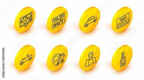 Set line Car key with remote, Folded map location, Location bus, Taximeter, taxi and Gps device icon. Vector