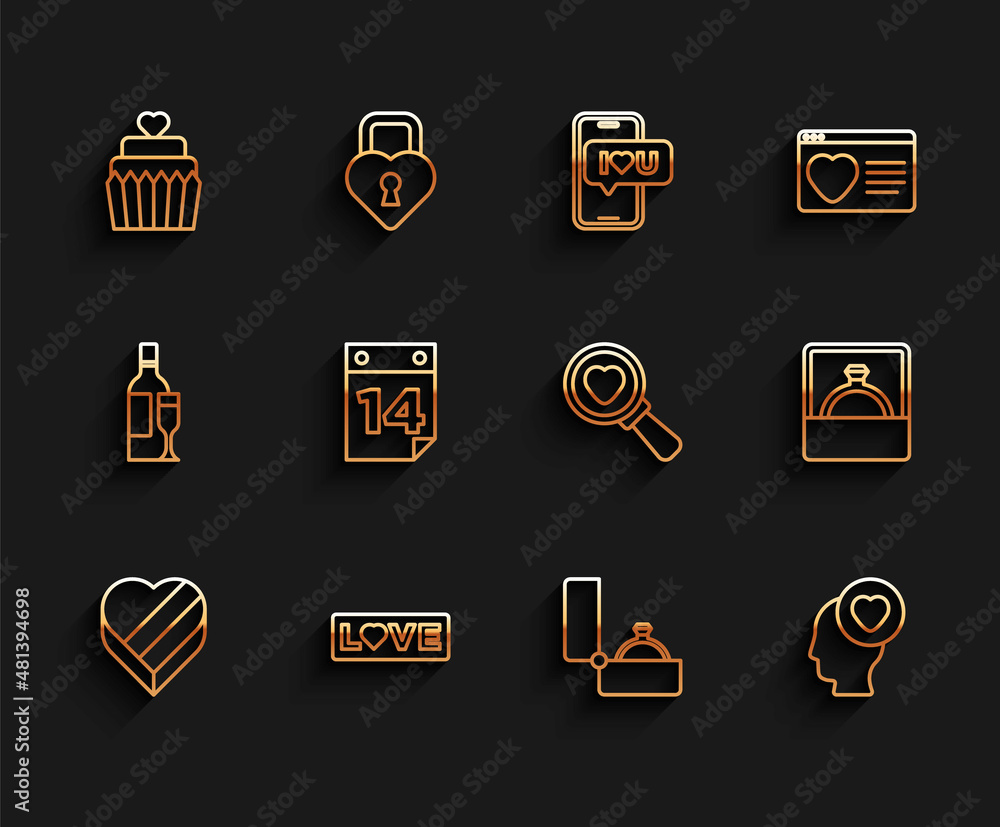 Set line Candy in heart shaped box, Love text, Wedding cake with, Diamond engagement ring, Head, Calendar February 14, and Search love icon. Vector Set line Candy in heart shaped box, Love text, Wedding cake with, Diamond engagement ring, Head, Calendar February 14, and Search love icon. Vector