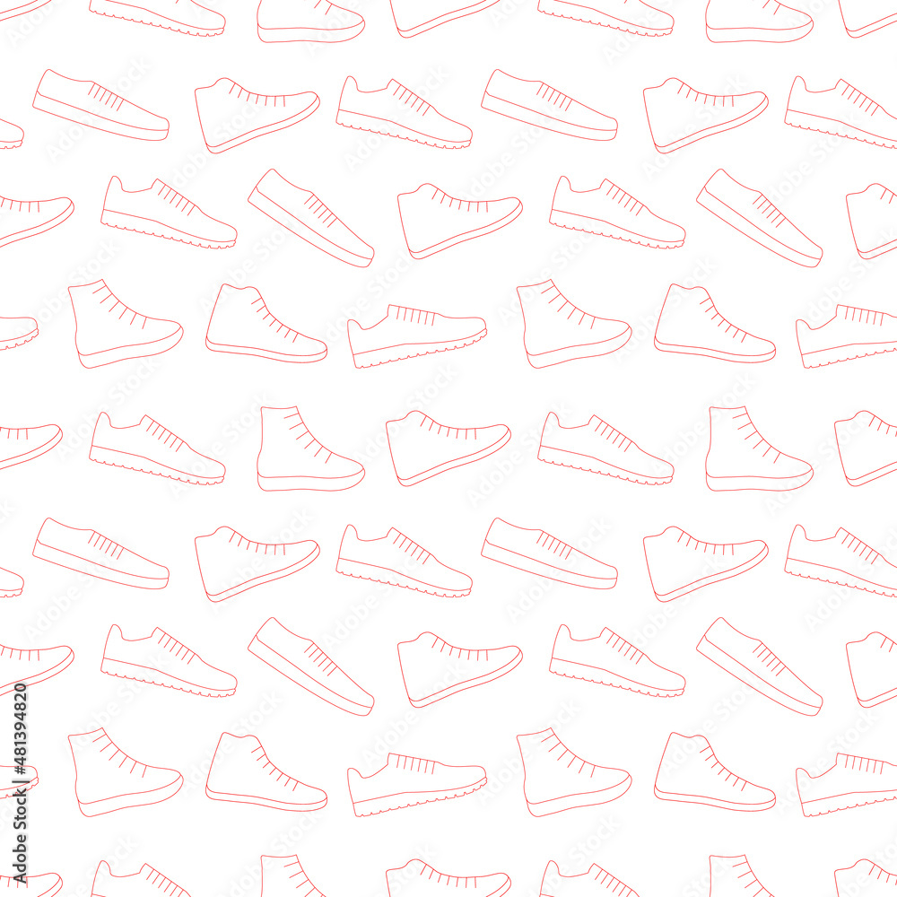 Red sneakers shoes vector background seamless repeating pattern. Men and women sport footwear. Thin line style. Editable template. Red sneakers shoes vector background seamless repeating pattern. Men and women sport footwear. Thin line style. Editable template.