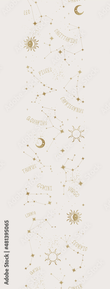 Trendy astrology seamless pattern, zodiac background hand drawn, stars, moon, space, great for textiles, wallpapers, surfaces - vector design - obrazy, fototapety, plakaty 