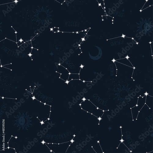 Trendy astrology seamless pattern, zodiac background hand drawn, stars, moon, space, great for textiles, wallpapers, surfaces - vector design