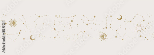 Vászonkép Trendy astrology seamless pattern, zodiac background hand drawn, stars, moon, sp