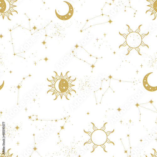 Trendy astrology seamless pattern, zodiac background hand drawn, stars, moon, space, great for textiles, wallpapers, surfaces - vector design