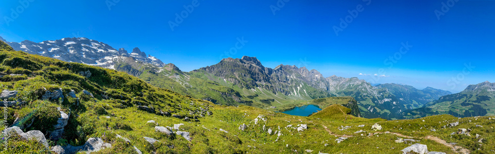 Fototapeta premium Panorama of Engelberg valley and Trübsee lake