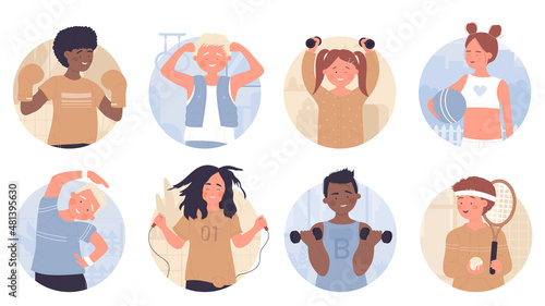 Healthy sport workout of kids in round avatar set vector illustration. Cartoon happy active boy and girl doing physical exercises with dumbbells and playing tennis, jumping rope isolated on white