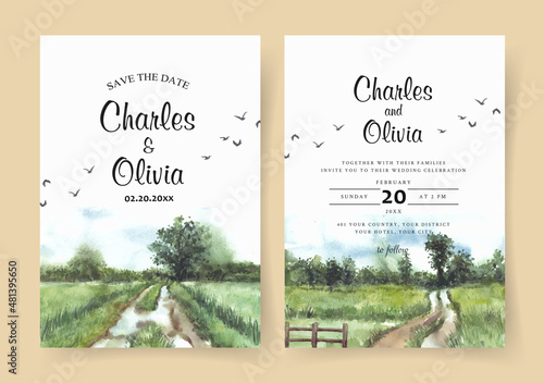 Wedding invitation of nature landscape with road and fence watercolor