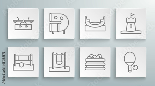 Set line Volleyball net with ball, Kid playground slide pipe, Swing, Pool balls, Racket and, Boat swing, Sand tower and Seesaw icon. Vector