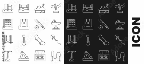 Set line Jump rope, Kite, Swing boat, Sandbox with sand, Gymnastic rings, Tic tac toe game, Horizontal bar and Baseball bat ball icon. Vector