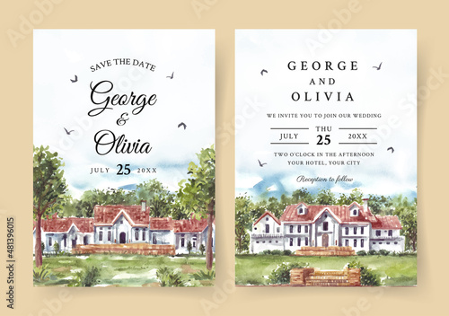 Wedding invitation of nature landscape with beautiful house and trees watercolor