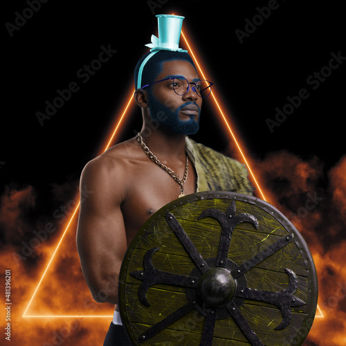 Trendy cool guy of african descent holding shield