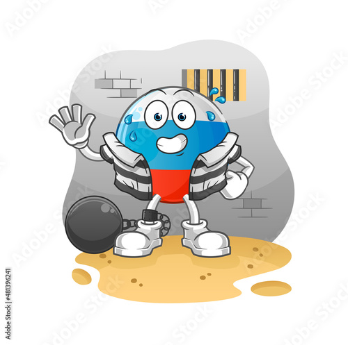 russia flag criminal in jail. cartoon character