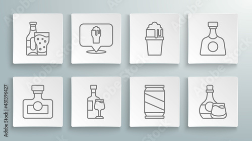 Set line Alcohol drink Rum, or beer bar location, Wine bottle with glass, Beer can, Whiskey and, Glass of, Tequila and icon. Vector