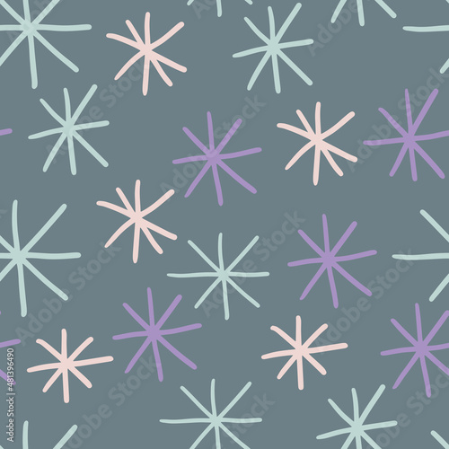 Cute abstract seamless pattern with stars. Doodle snowflakes background. 