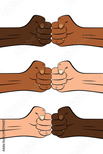 International clenched male fists bumping together. Concept of conflict, confrontation, resistance, competition, struggle, unity. Vector illustration