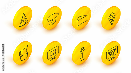 Set line Cow head, Whipped cream in bottle, Udder, Milk jug or pitcher, Ice waffle cone, Cheese, Yogurt container and icon. Vector
