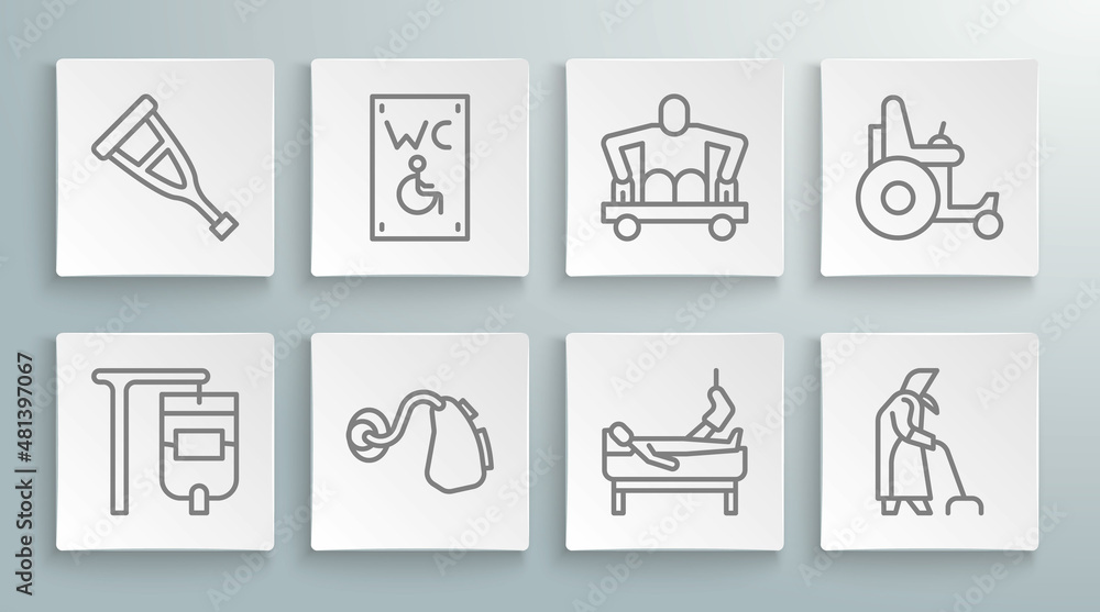 Fototapeta premium Set line IV bag, Separated toilet for disabled, Hearing aid, Patient with broken leg, Grandmother, Man without legs sitting wheelchair, Electric and Crutch crutches icon. Vector