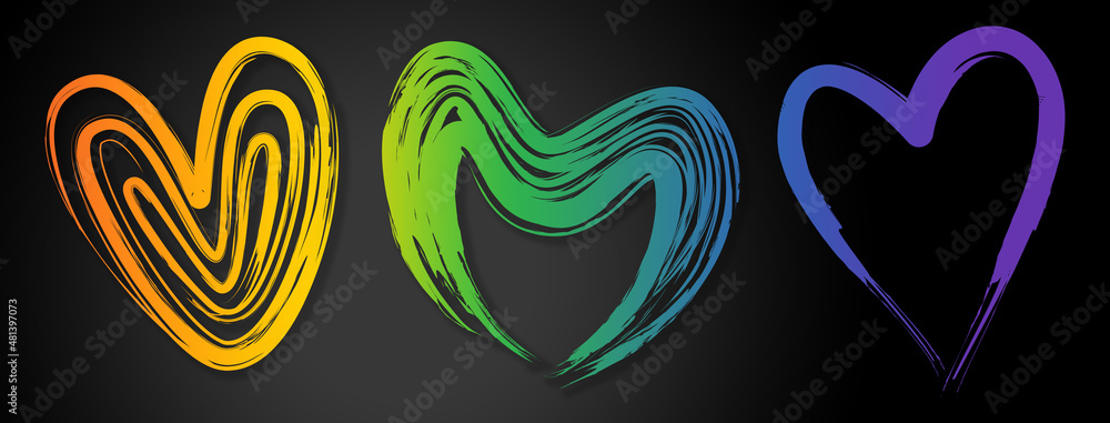 Obraz premium Three hearts in an abstract brush stroke design style in a rainbow color linear gradient