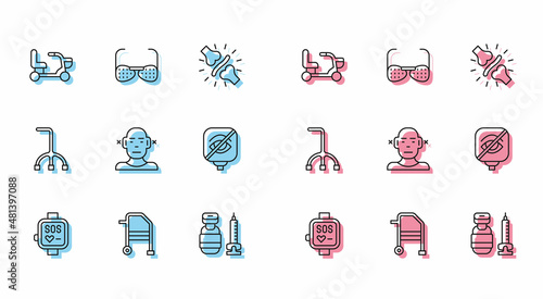 Set line Smart watch, Walker, Electric wheelchair, Syringe, Deaf, Blindness, Walking stick cane and glasses icon. Vector