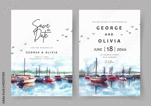 Wedding invitation of nature landscape with harbor and boat watercolor