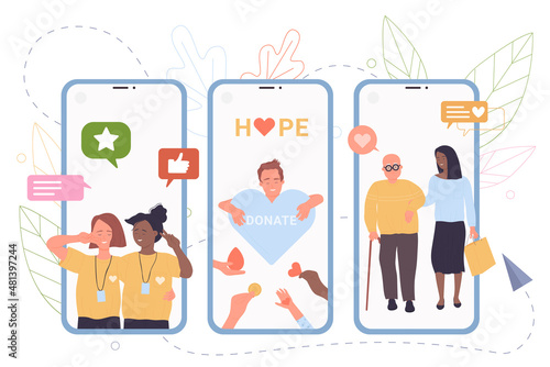 Online charity platform vector illustration. Cartoon people donate contribution of money, blood and hearts to volunteers, help from caregiver to elderly person. Philanthropy, solidarity concept