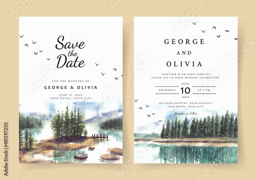 Watercolor wedding invitation with reflection of beautiful pine trees in lake