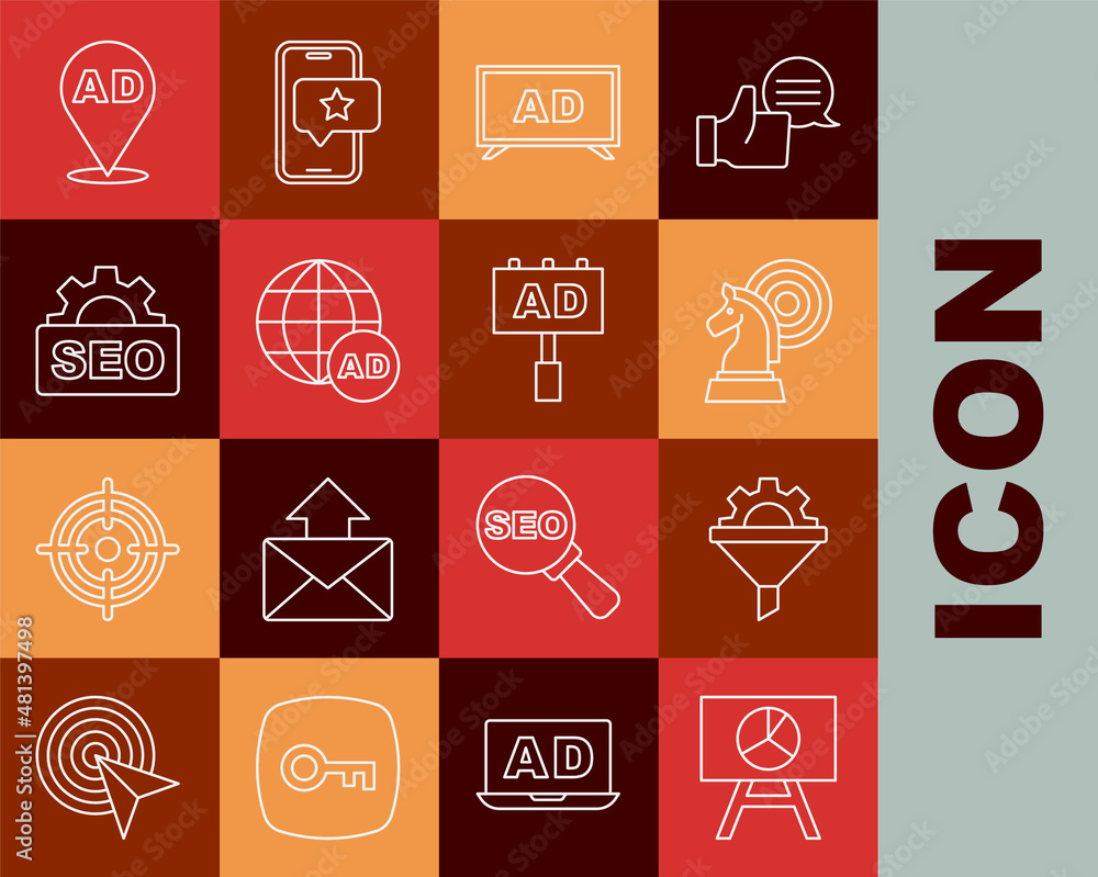 Fototapeta premium Set line Board with graph chart, Sales funnel gear, Chess, Advertising, SEO optimization, and icon. Vector