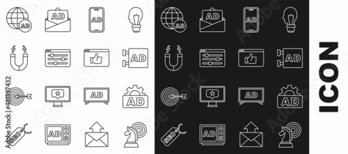 Set line Chess, Advertising, Browser setting, Magnet, and Customer product rating icon. Vector