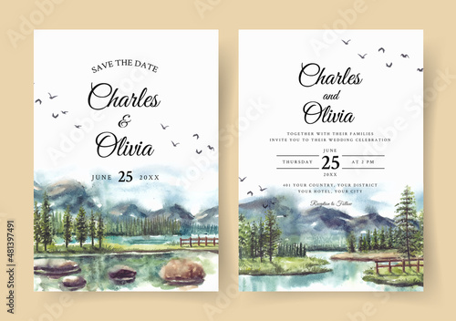 Watercolor wedding invitation with reflection of beautiful pine trees and mountain in lake