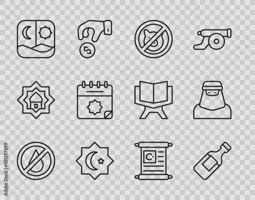 Set line No water, Bottle of, pig, Octagonal star, Ramadan fasting, calendar, Holy book Koran and Muslim woman niqab icon. Vector