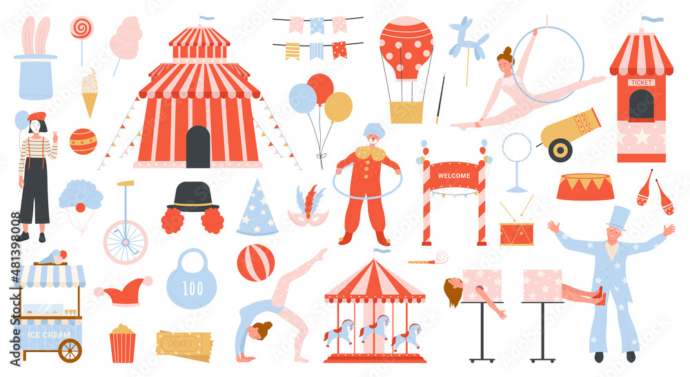 Circus show set vector illustration. Cartoon retro circus collection with clown, carnival tent, magician, mime and flying acrobat performer characters in costumes, performance ticket isolated on white Circus show set vector illustration. Cartoon retro circus collection with clown, carnival tent, magician, mime and flying acrobat performer characters in costumes, performance ticket isolated on white