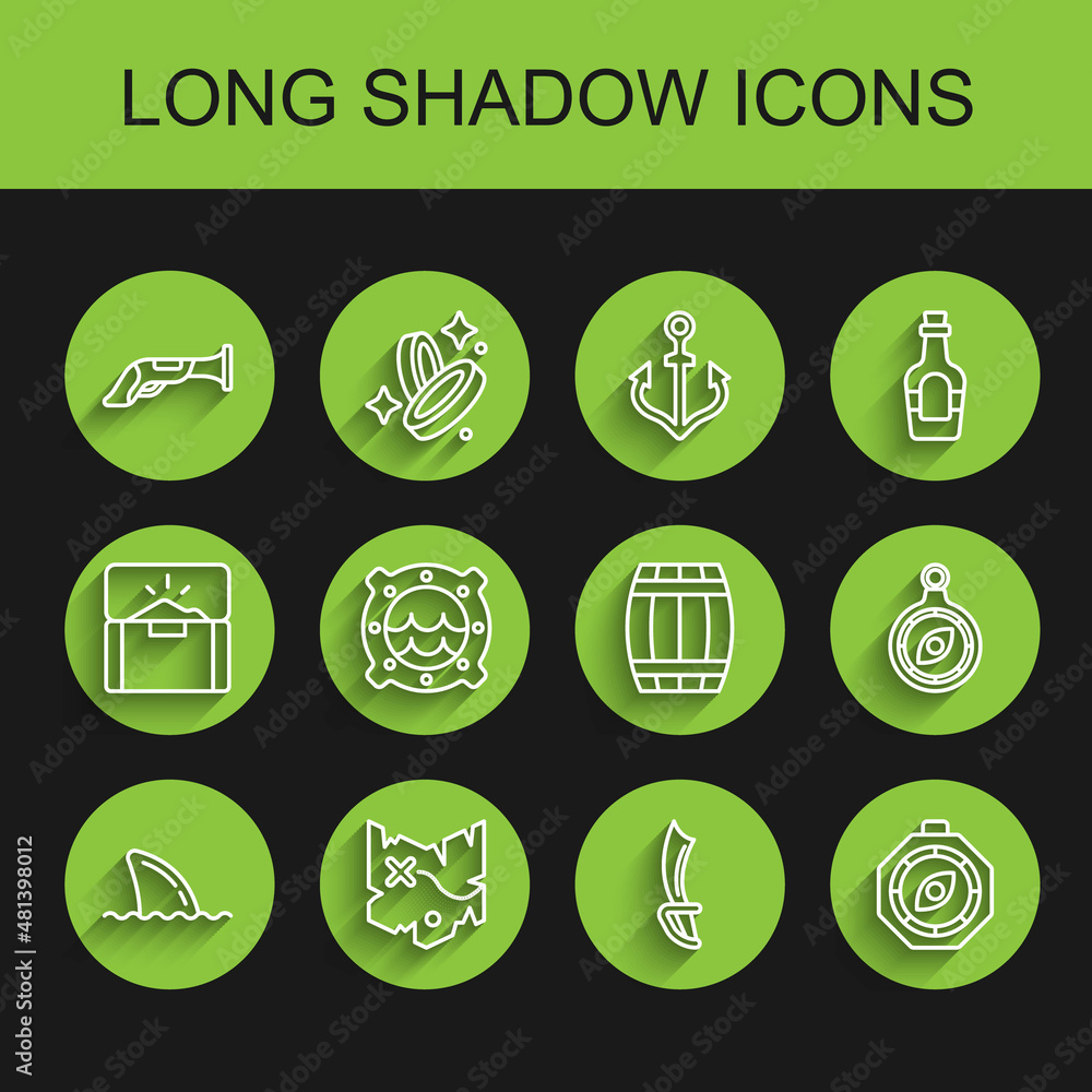 Set line Shark fin in ocean wave, Pirate treasure map, Vintage pistol, sword, Compass, Ship porthole with seascape, and Wooden barrel icon. Vector Set line Shark fin in ocean wave, Pirate treasure map, Vintage pistol, sword, Compass, Ship porthole with seascape, and Wooden barrel icon. Vector
