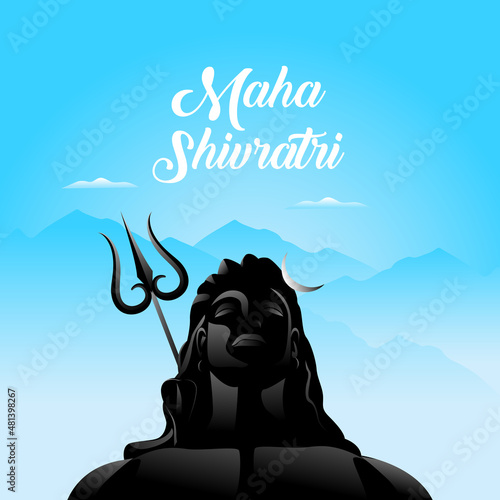 Greeting card with trishula, damru, bilva leaves, zendu and parijat flowers for Maha Shivratri, a Hindu festival celebrated of Shiva Lord. Vector illustration.Print
