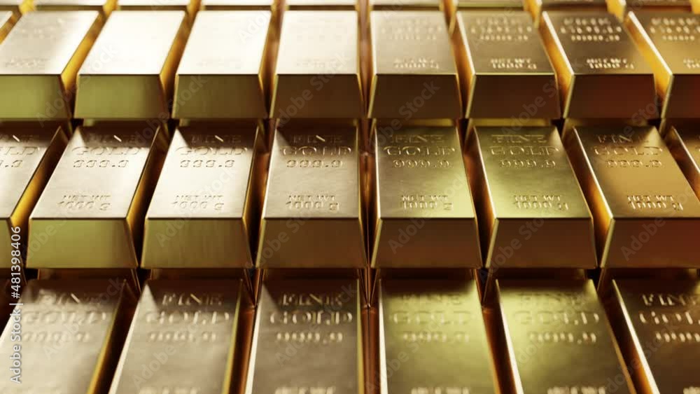 Camera sliding above many gold bars. Investment and economics concept. Looping animation. Camera sliding above many gold bars. Investment and economics concept. Looping animation.
