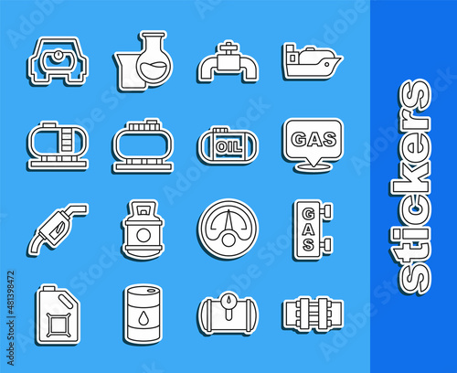 Set line Metallic pipes and valve, Gas filling station, Location gas, Oil tank storage, for vehicle and icon. Vector