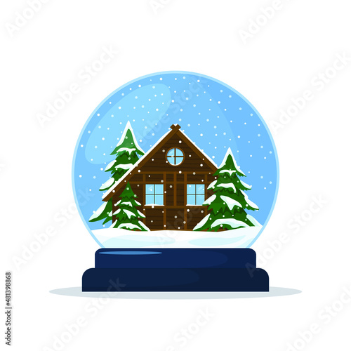 Crystal snow globe with snowflake vector. Crystal glass ball with wood house isolated in white background. Vector illustration