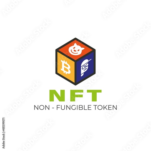 NFT icon logo vector design concept. Non - Fungible Token cube block with simple flat art cartoon illustration.