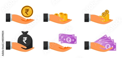 Handing Indian Rupee Money and Coin Set