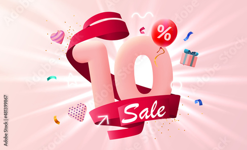 10 percent Off. Discount creative composition. 3d sale symbol with decorative objects, heart shaped balloons and gift box. Sale banner and poster. 