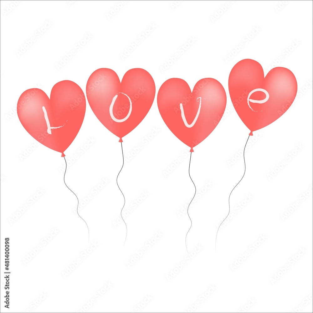 Minimalist vector sticker, label or icon on relationships and love topic using red heart-shaped balloons with lettering on white background that can be used for congratulation with st Valentines day