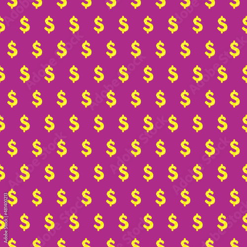 colorful simple vector pixel art seamless pattern of yellow or golden dollar symbol with overflow on purple background