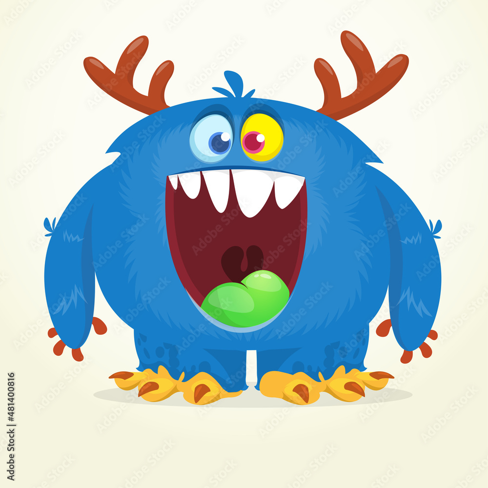 Fototapeta premium Funny cartoon smiling monster character. Halloween Illustration of happy alien creature. Vector isolated