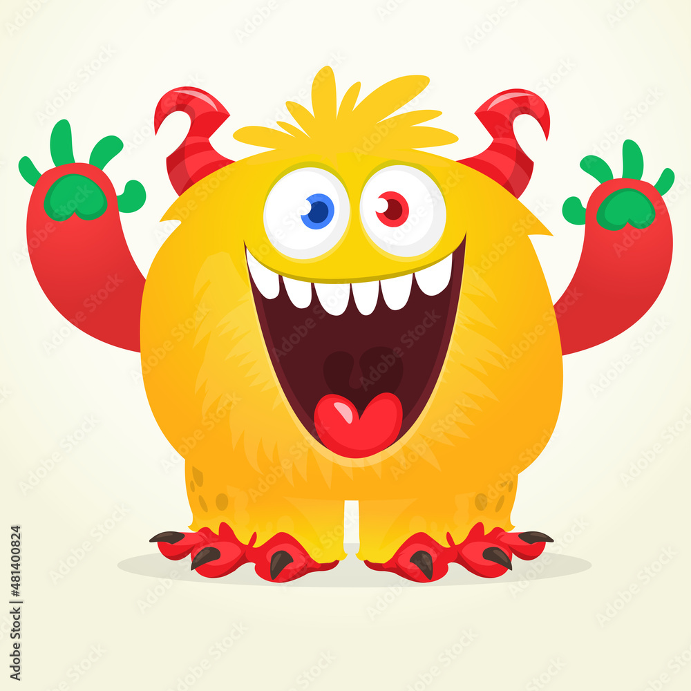 Funny cartoon smiling monster character. Halloween Illustration of happy alien creature. Vector isolated Funny cartoon smiling monster character. Halloween Illustration of happy alien creature. Vector isolated