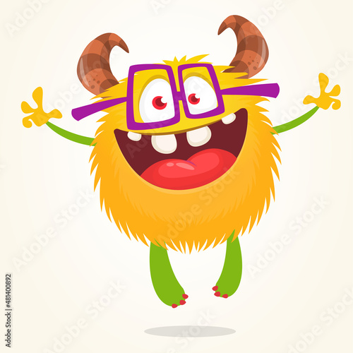 Funny cartoon smiling monster character. Halloween Illustration of happy alien creature. Vector isolated